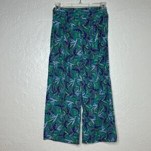 Midnight Sky Women's Floral Green Blue Lightweight Wide Leg Pull On Pants Medium